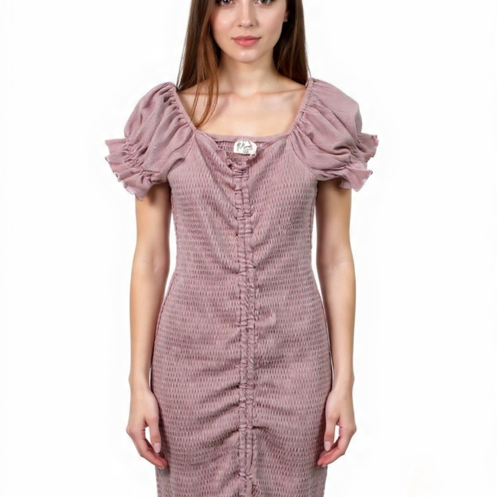 Chic Mauve Puff Sleeve Midi Dress